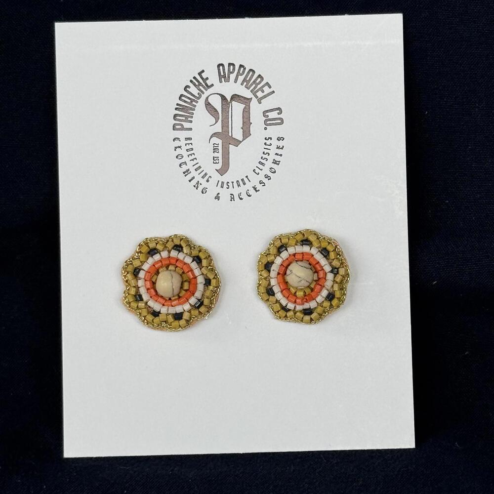 NWT PANACHE CO. Beaded Stud Earring Tan Floral Shabby Chic Retro Western